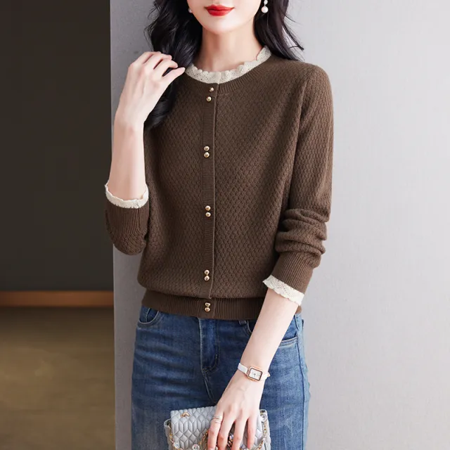 Fashionable Stylish Lace Round Neck Knitted Women Brown - Shop at LoveMi