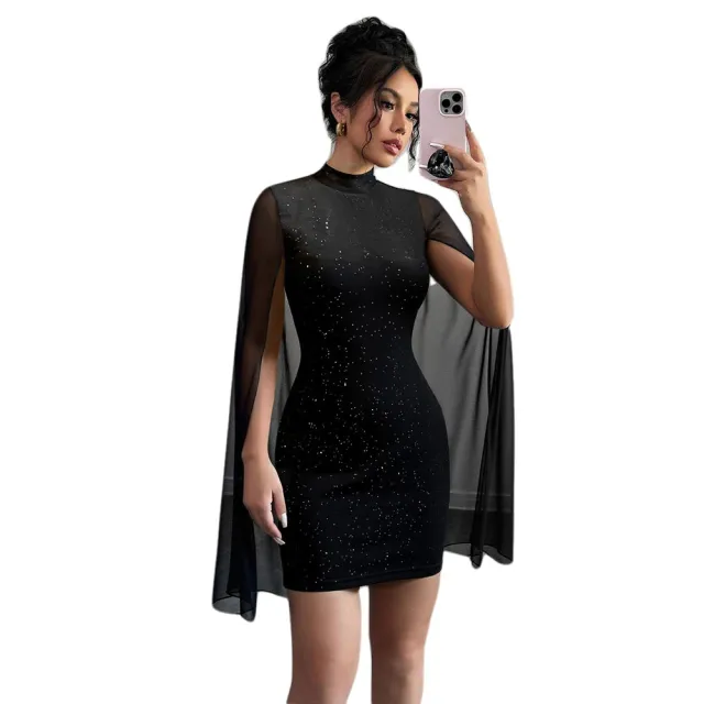 Stylish High neck Dress Black Featuring Sparkling Rhinestones And Sequins Figure hugging Fit Short Sleeves Mesh Patchwork Black - Shop at LoveMi