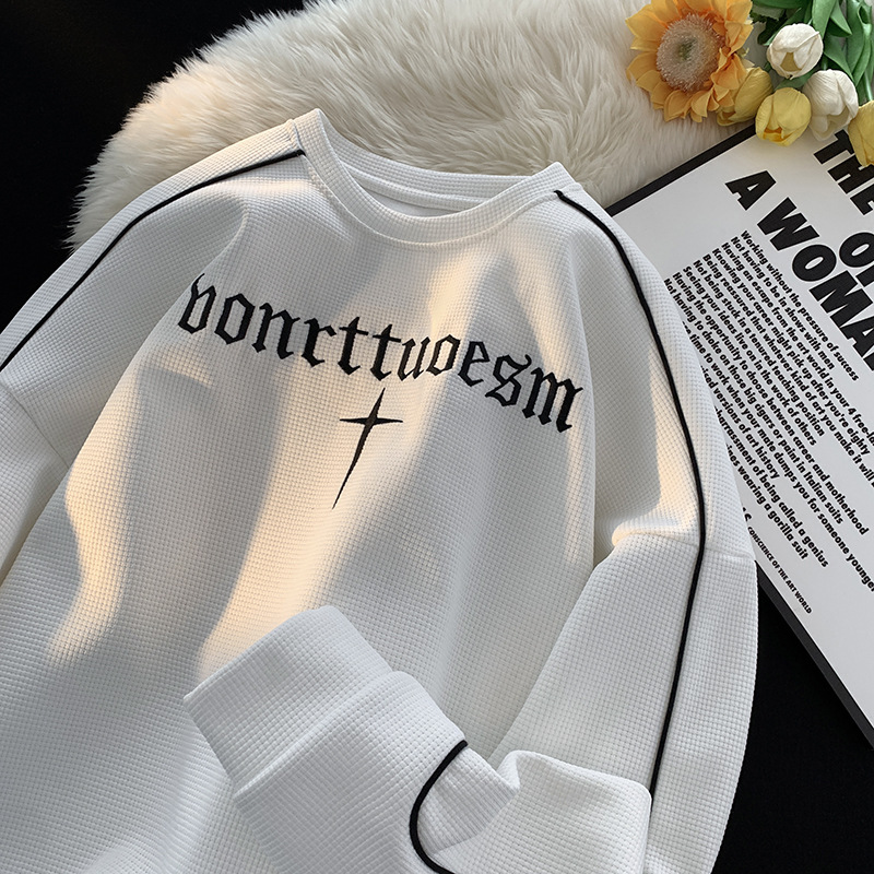 Men's Waffle Embroidery Loose Long Sleeve Sweatershirt T-shirt Coat