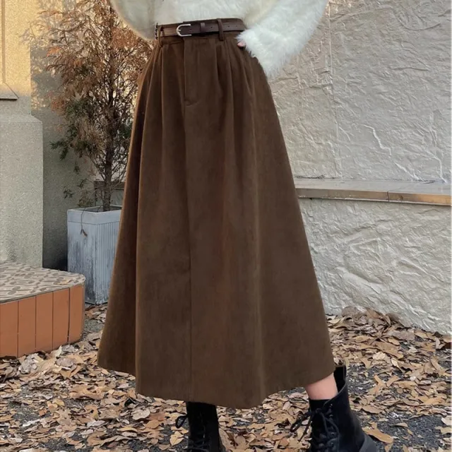 Women's Autumn And Winter High Waist Slimming Long Retro Cover Big Hem A Line Skirt Brown With Belt - Shop at LoveMi