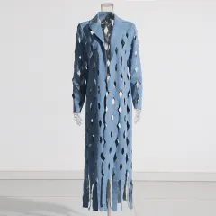 Fashion Loose Temperament Cardigan Design Hollow-out Twisted Tassel Long Denim Coat For Women - Blue - View 1