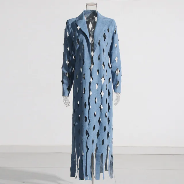 Fashion Loose Temperament Cardigan Design Hollow out Twisted Tassel Long Denim Coat For Women Blue - Shop at LoveMi