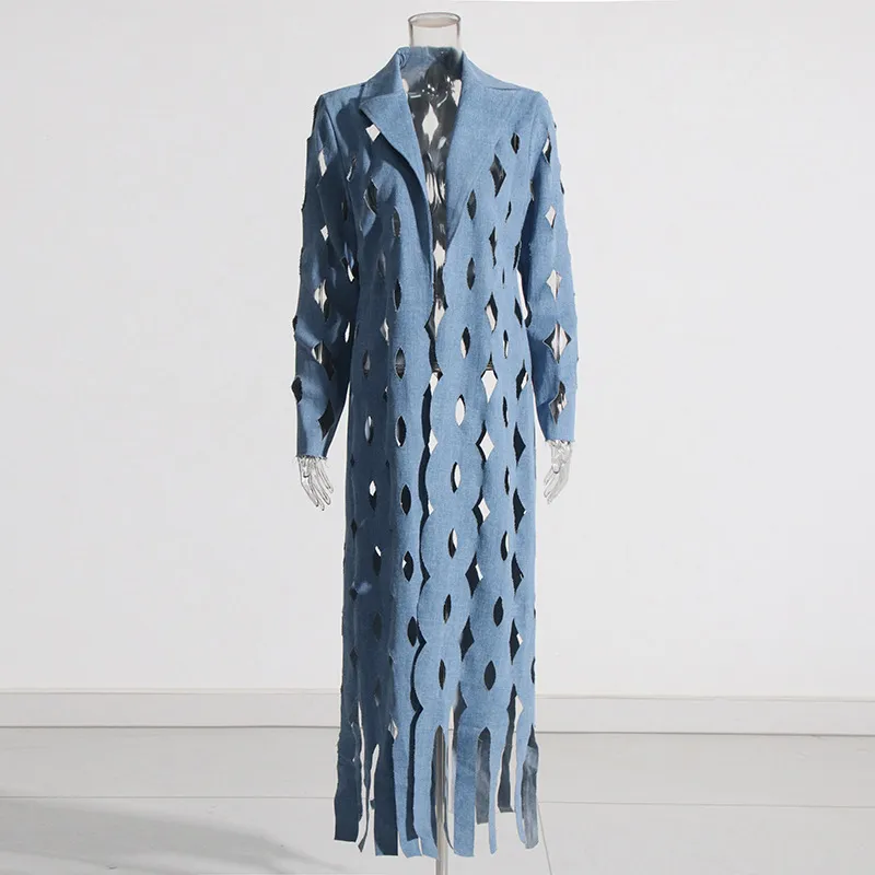 Fashion Loose Temperament Cardigan Design Hollow-out Twisted Tassel Long Denim Coat For Women - Blue