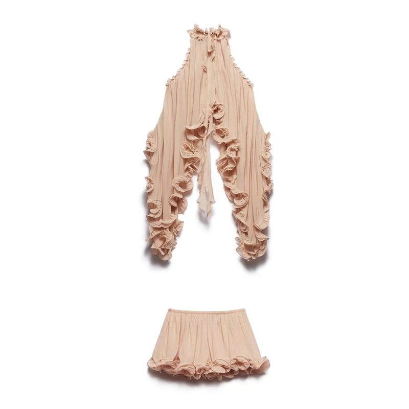 Denim Style Ruffled Sleeveless Sling Top Skirt Suit Suit L - Shop at LoveMi