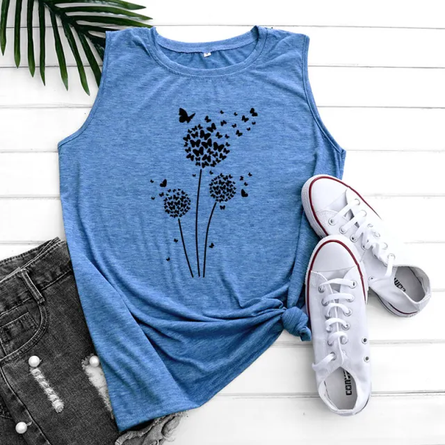 Dandelion Printing Bottoming Sleeveless Vest Blue - Shop at LoveMi