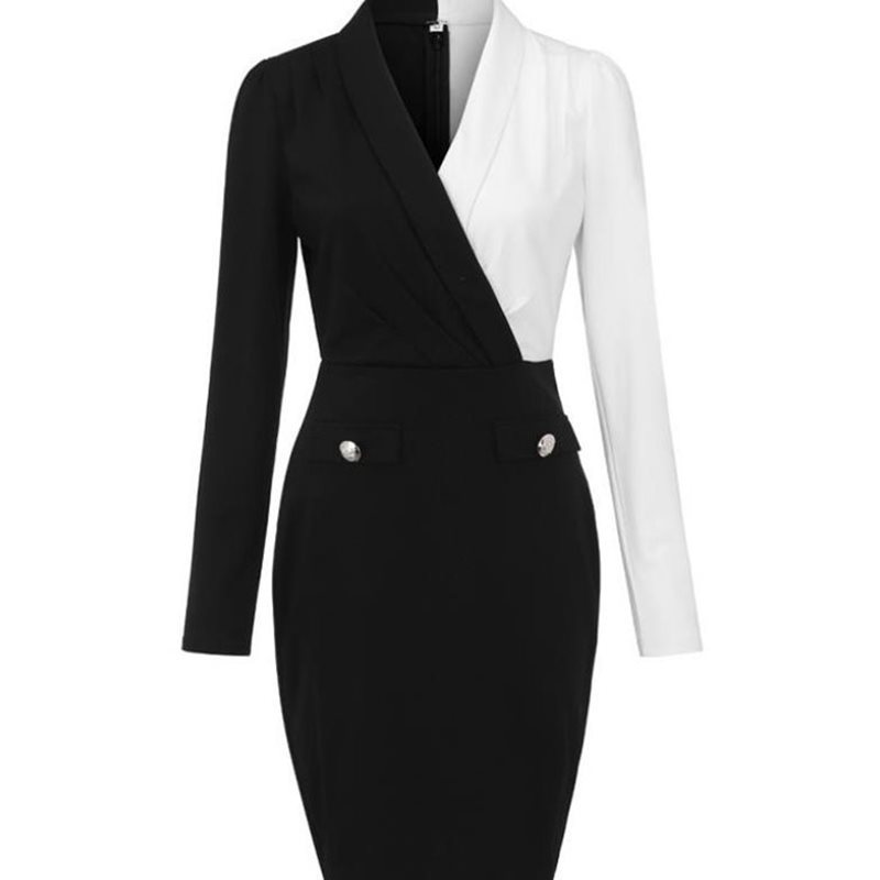 Long Sleeve Black And White Stitching Suit Hip Skirt
