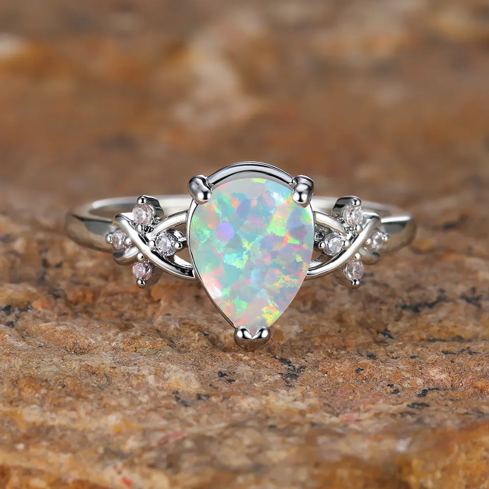 Drop-shaped Inlaid Zircon White Diamond Flower Ring Vintage Simple