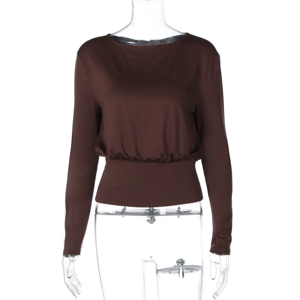 Fashion Casual Waist Tight Slimming Round Neck Long Sleeve - Brown