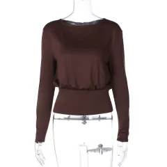 Fashion Casual Waist Tight Slimming Round Neck Long Sleeve - Brown - View 1