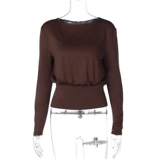 Fashion Casual Waist Tight Slimming Round Neck Long Sleeve Brown - Shop at LoveMi