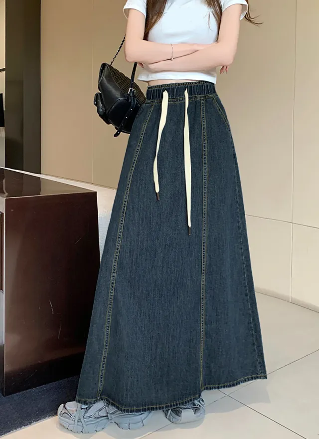 Elastic Waist Drawstring Dark Blue Denim Skirt For Women Blue - Shop at LoveMi
