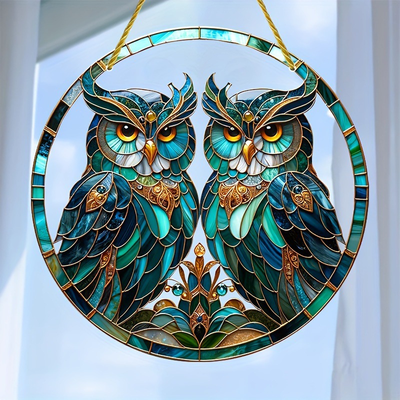 Title 2, Green Owl Tracery Sun Catcher Acrylic Flat Disc...