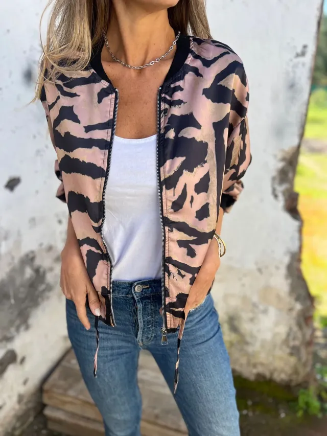 Jacket Zipper Coat Top Women Pink Zebra Stripes - Shop at LoveMi
