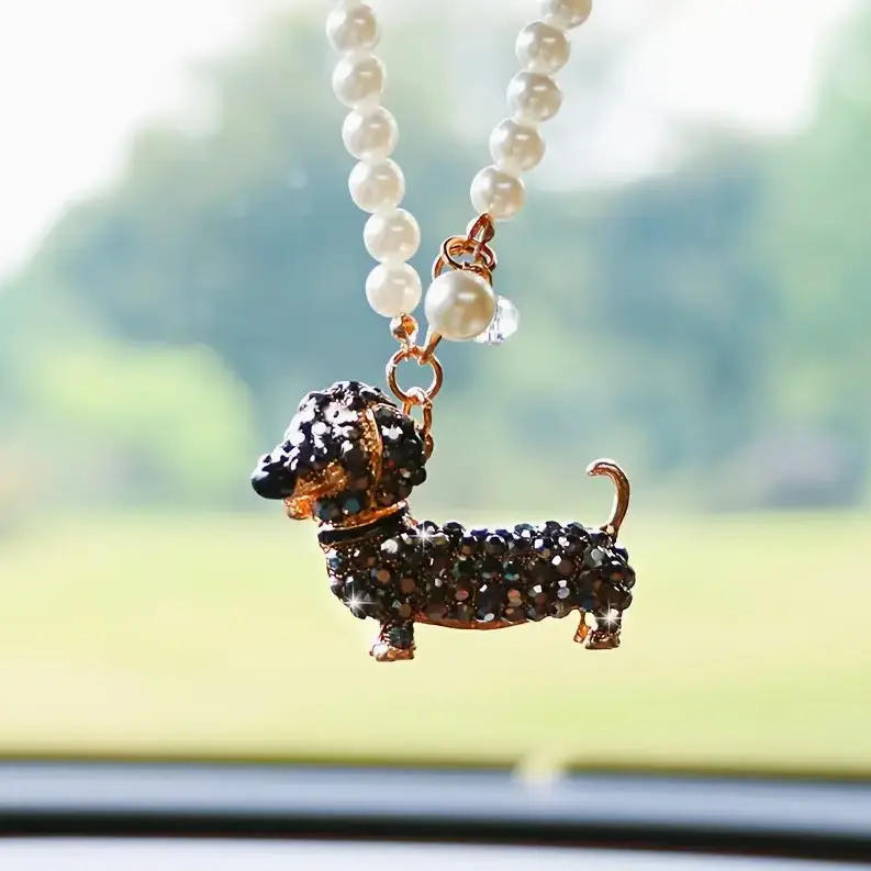 Diamond-embedded Popular Puppy Dachshund Hanging Car Rearview Mirror Pendant