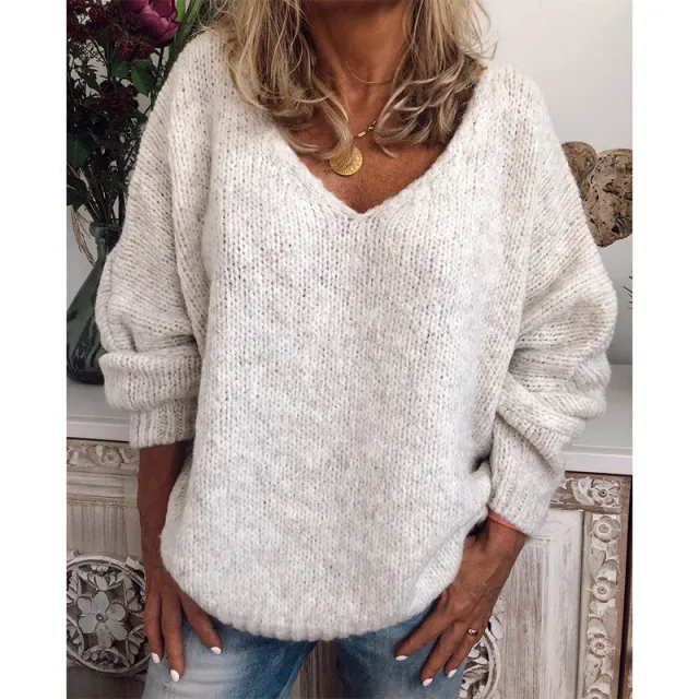 V neck Solid Color Loose Casual Sweater Pullover White - Shop at LoveMi