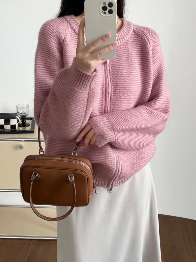 Sweater Double Zipper Sweater For Women Loose And Lazy Style Crew Neck Coat Cherry Blossom Pink - Shop at LoveMi