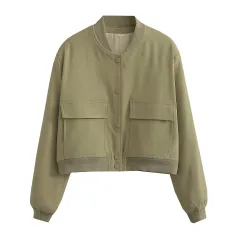 Autumn Y2g Stand Collar Double Pocket Biker Pilot Jacket Top - Green - View 1