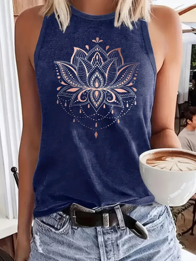 Versatile, Comfortable Soft Tank Top With A Lotus Print Blue - Shop at LoveMi