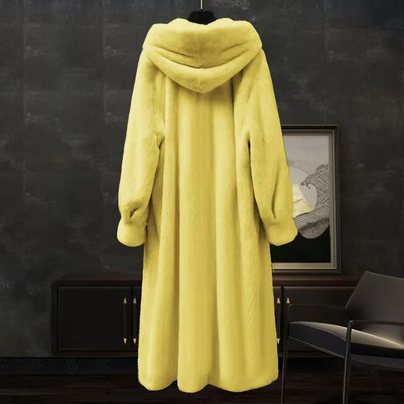 Loose Plus Size Long Leopard Print Fur Coat - Lemon Yellow