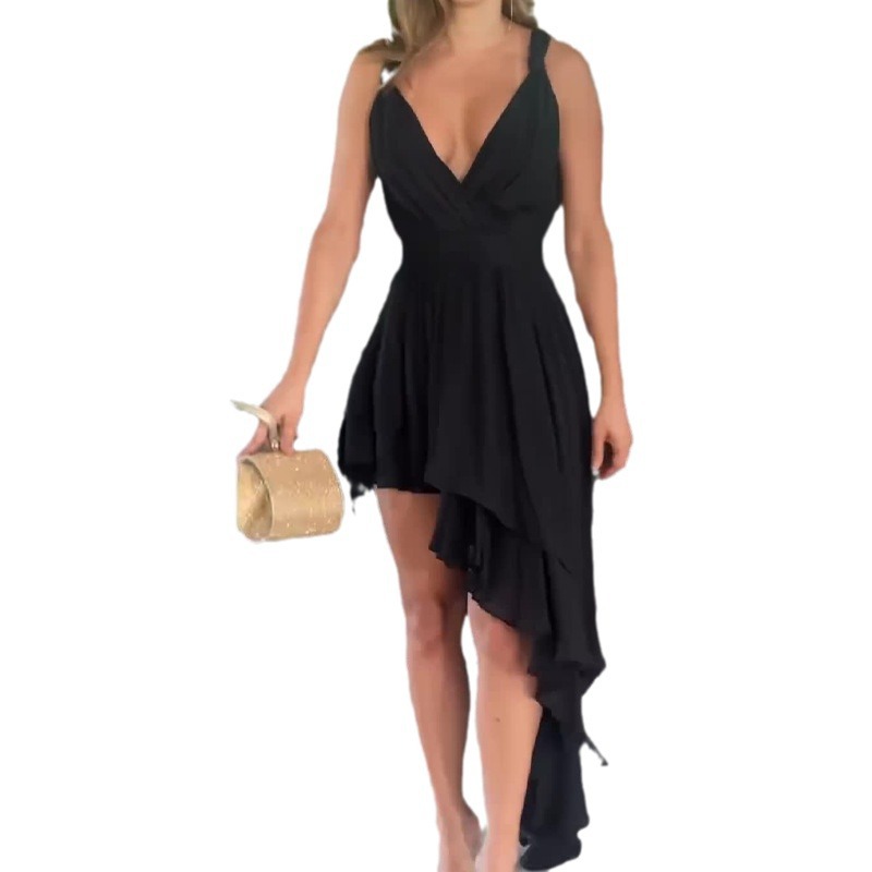Low Cut Irregular Ruffled Design Sling Dress