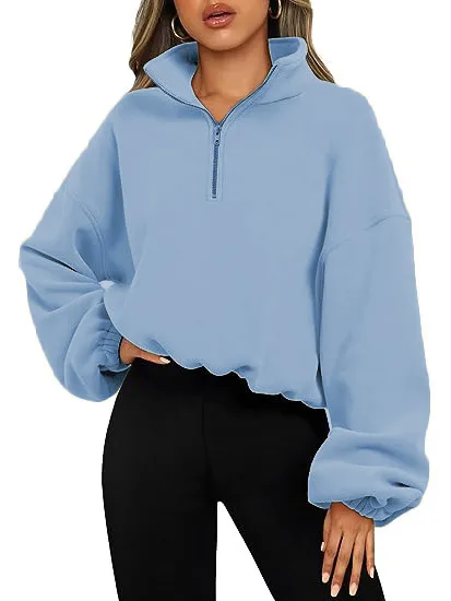 Women's Half Zipped Stand Collar Drawstring At Hem Polar Fleece Autumn Winter Sweater Light Blue - Shop at LoveMi