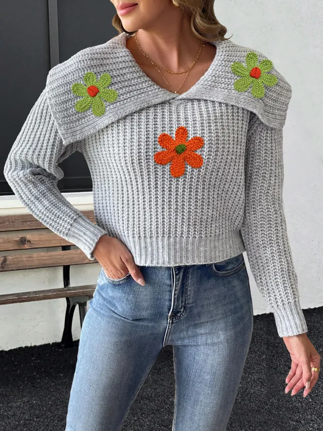 Women's Embroidered Flower Splicing Pullover Sweater Flower Gray 3 Wool Flowers - Shop at LoveMi