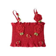 Sweet And Spicy Style White Elegant Slightly Mature Style Tight Midriff-baring Top Retro Three-dimensional Flowers - Red - View 1