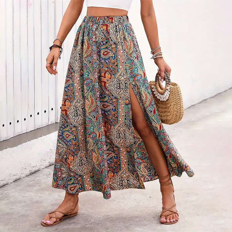 Womens Ethnic-style Floral-print A-line Skirt With A Slit