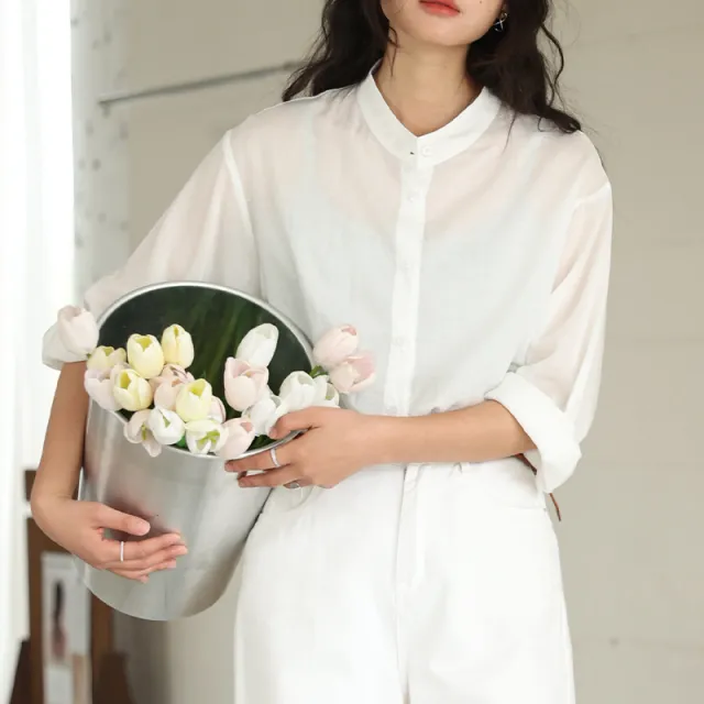 Tencel Linen Stand Collar Shirt Light Thin And Loose Button Top White - Shop at LoveMi