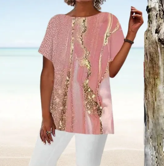 Casual Round Neck Short Sleeves Regular Pullover 3D Digital Printed T shirt Qwer24060301 - Shop at LoveMi