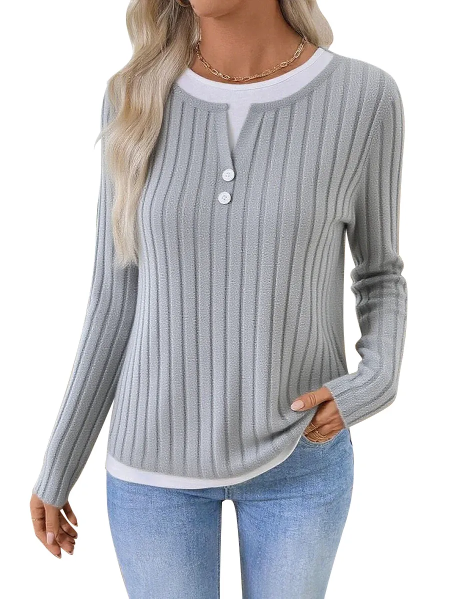 Women's Fake Two-piece Round Neck Button Pullover Grinding Sweater - Light Gray