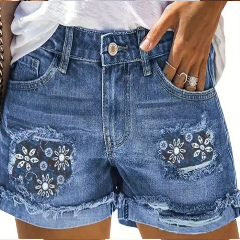 Mid-rise Distressed Printed Womens Denim Shorts