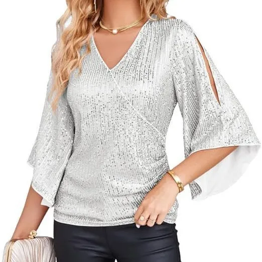 New Women's Sequined Bell Sleeve Top Silver - Shop at LoveMi