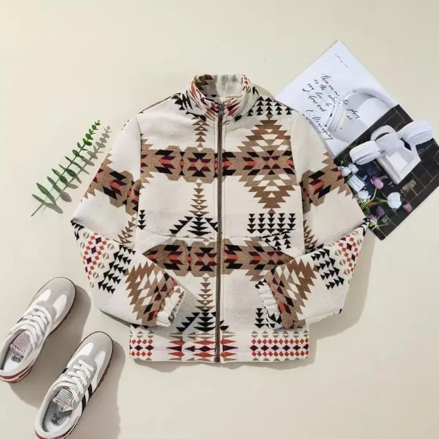 Western Geometric Print Women's Jacket Thickening Thermal Stand Collar Coat Apricot - Shop at LoveMi