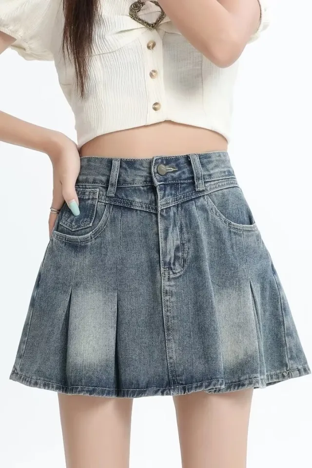 Retro Denim Skirt Summer A Line Pleated Skirt Blue - Shop at LoveMi