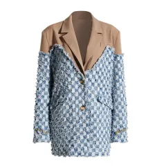 Cotton Design Sense Niche Suit Female Colour Contrast Patchwork Plaid Washed And Worn Frayed Hem Denim Jacket - Denim Khaki - View 1