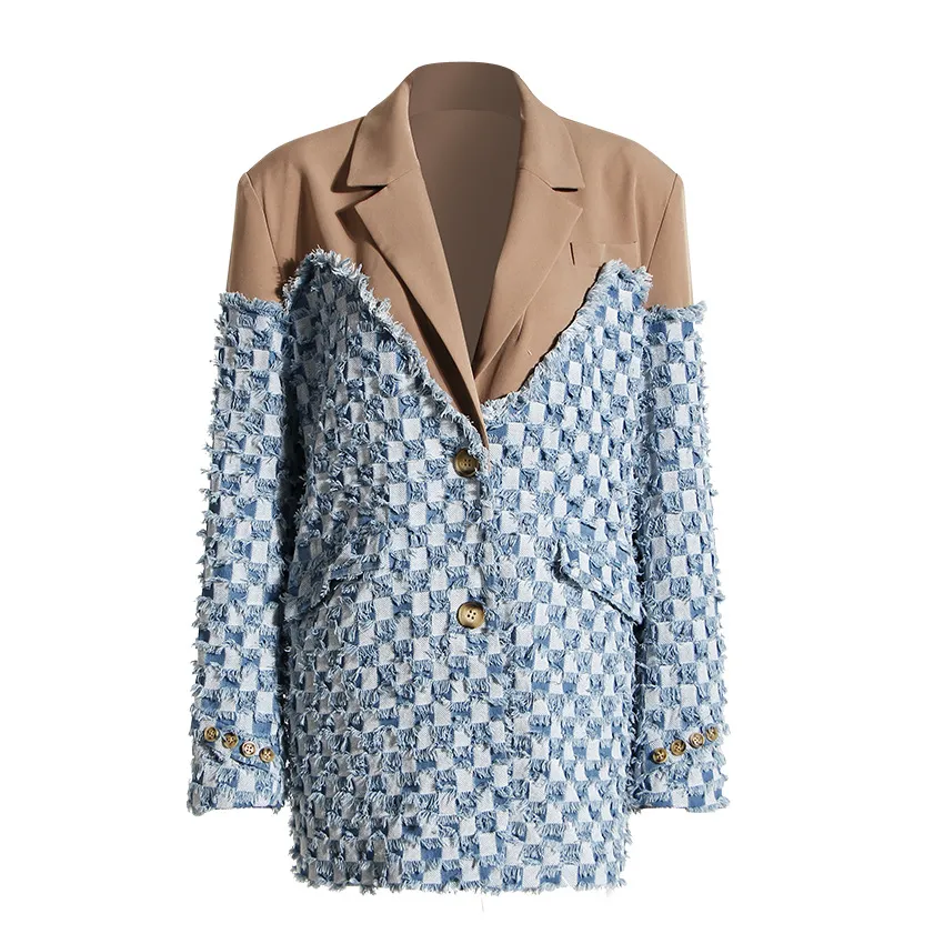 Cotton Design Sense Niche Suit Female Color Contrast Patchwork Plaid Washed And Worn Frayed Hem Denim Jacket - Denim Khaki