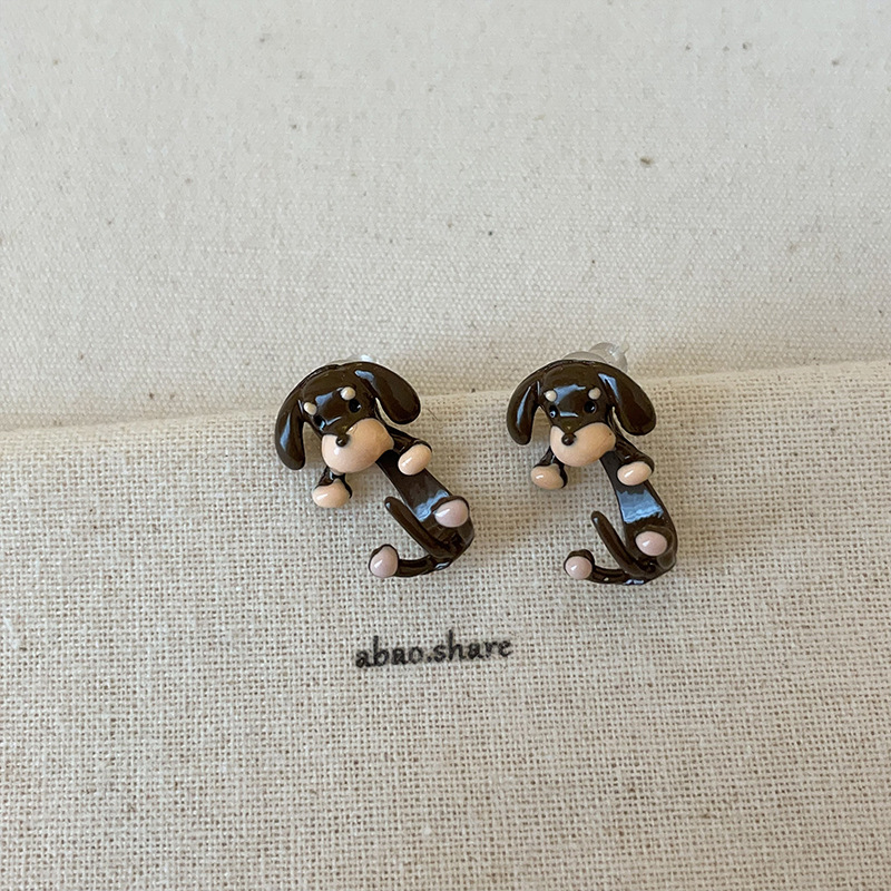 Cartoon Sausage Dog Necklace Ear Stud Ring 8Style Earrings - Shop at LoveMi