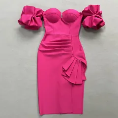 Women's Solid Colour Lantern Sleeve Bandage Dress - Dark Pink - View 1