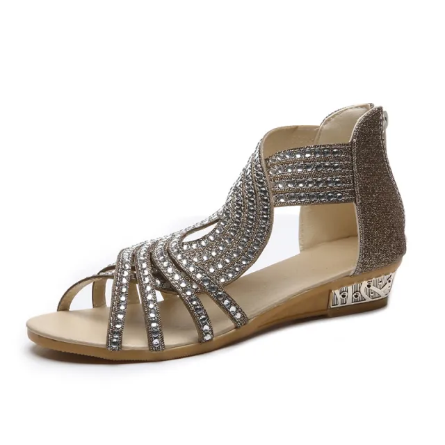 Women's Open Toe Rhinestone Wedge Hollow Sandals Gold - Shop at LoveMi