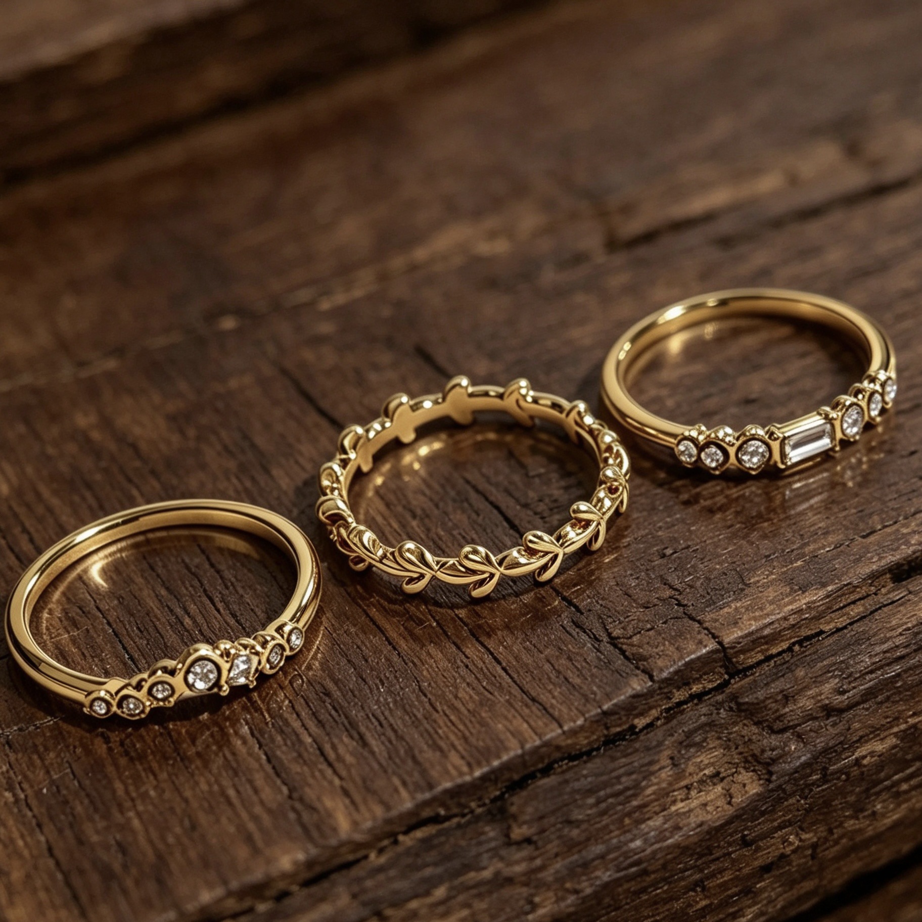 Simple Alloy Electroplated 18K Gold Three-Piece Ring Set