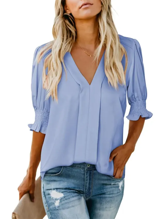 V neck Short Sleeve Loose Comfortable Fashion Summer Solid Color Small Shirt European And American Style Sky Blue - Shop at LoveMi