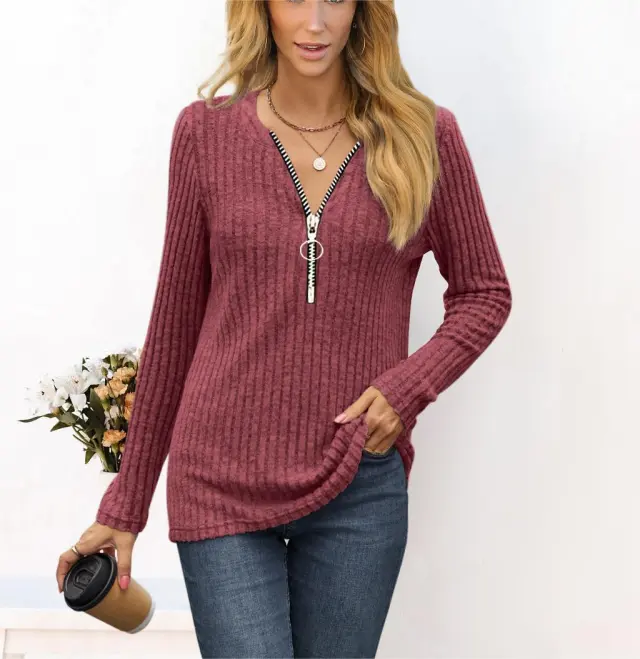Women's Clothing Chest Zipper Pleating Casual Long Sleeve T shirt Red - Shop at LoveMi