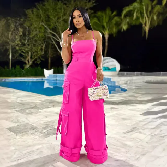 Women's Tube Top Multi pocket Workwear Wide Leg Jumpsuit Rose Red - Shop at LoveMi