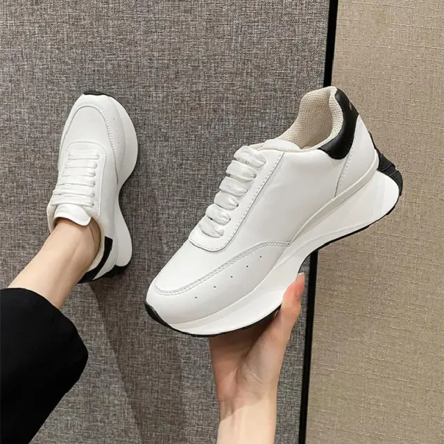 Leather Sports Casual Shoes White Shoes Four Seasons Raise The Bottom Dad Shoes Black - Shop at LoveMi