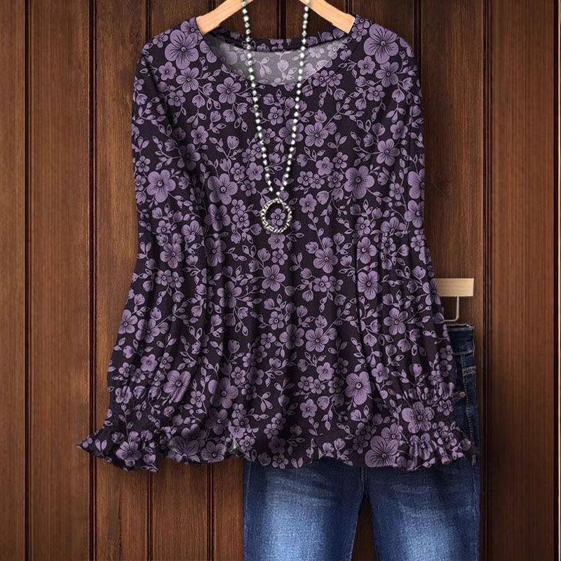 European And American Autumn New Round Neck Floral 3D Printed Long-sleeved Top Women