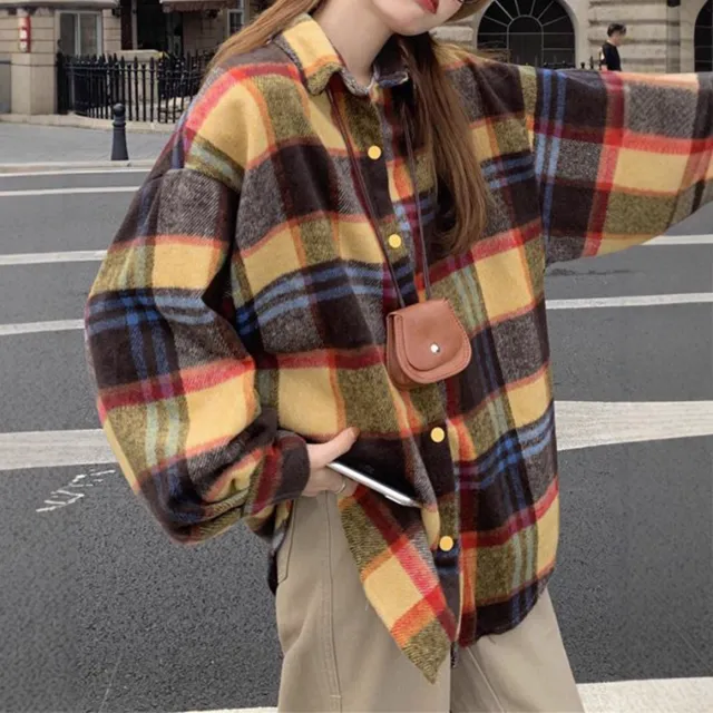 Koreanstyle SpringAutumn FleecLined Thickened Brushed Plaid Shirt For Women Yellow - Shop at LoveMi
