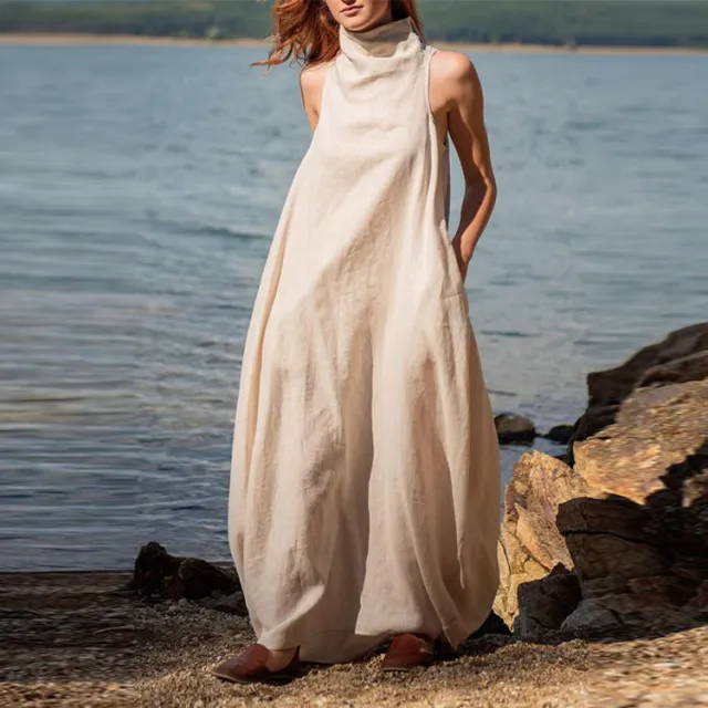 Leisurely Fashion Ladies Stand Collar Back Wrinkle Linen Extra Long Dress Khaki - Shop at LoveMi