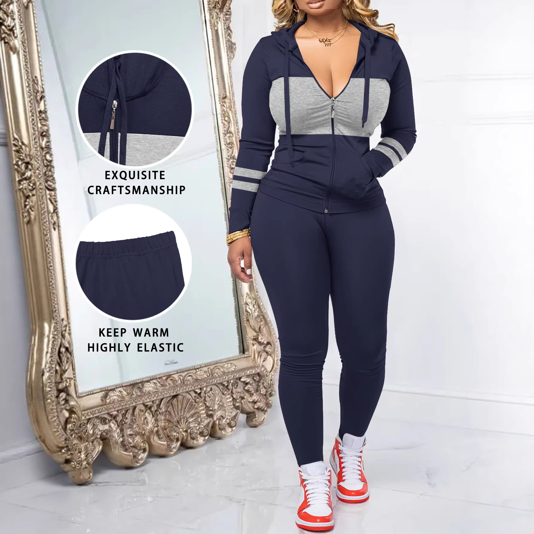Round-neck Zip-up Long-sleeve Top Paired With Long Pants In A Set