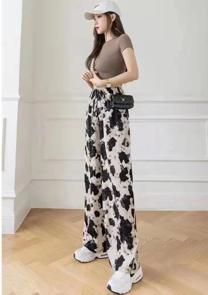 Tie-dyed Ice Silk Ink Painting Wide-leg Pants For Women Summer - Cow Painting-Plussized Edition